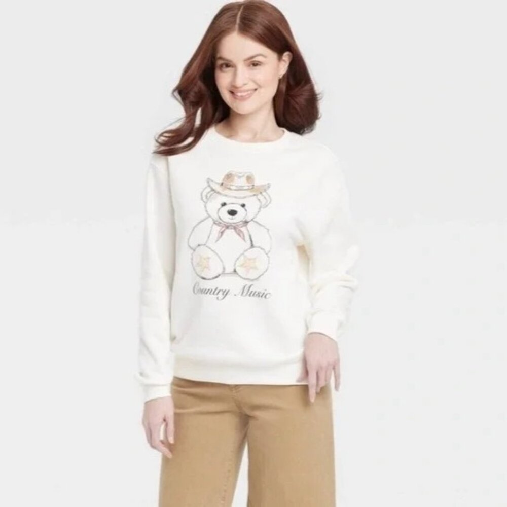 NEW Zoe + Liv Womens Cream Country Music Teddy Bear Graphic Sweatshirt - Size L